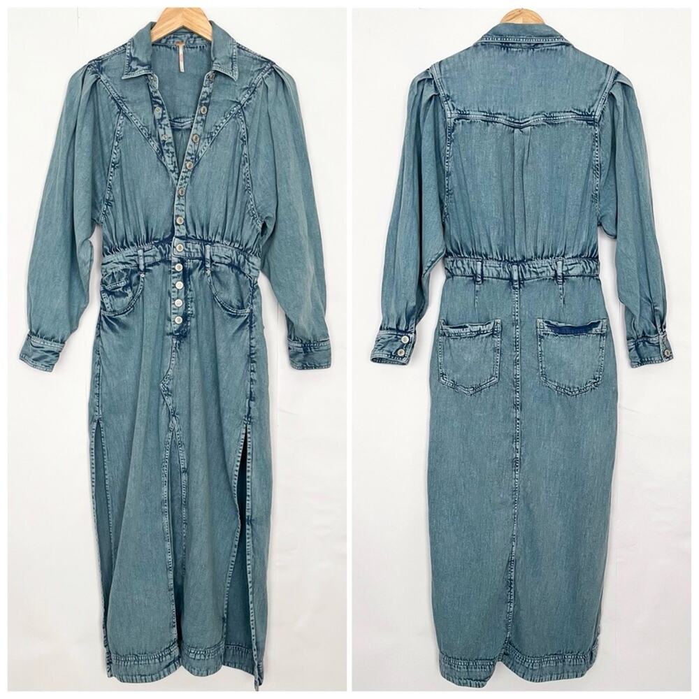 Free People Denim Midi Shirt Dress Button Front Long Sleeves Mad Love Size Small